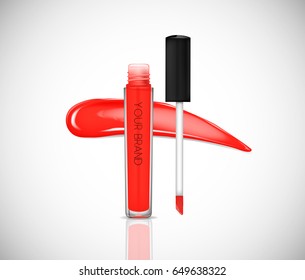 Red Liquid lipstick, Lip gloss in elegant glass bottle with black lid, closed and open container with brush, isolated . Make up smear.