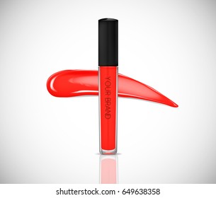 Red Liquid lipstick, Lip gloss in elegant glass bottle with black lid, closed and open container with brush, isolated . Make up smear.