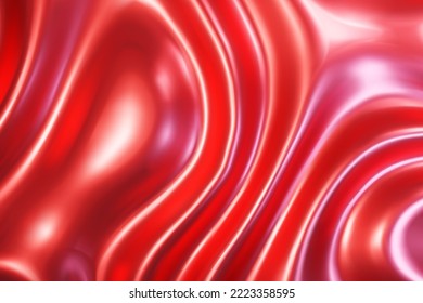Red liquid molten metal abstract wavy background with light reflects. Wallpaper with glossy soft silk with waves. Elegant luxury vector illustration made with gradient mesh. Flowing smooth fabric