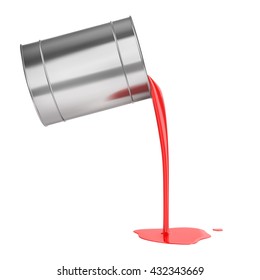 Red liquid paints spouting from can isolated