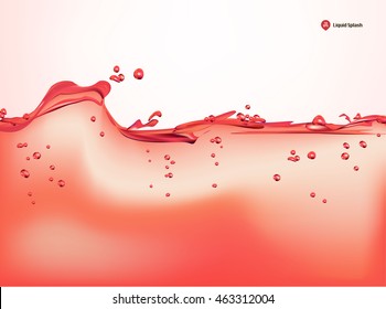 Red liquid splashes, wave, air bubbles and drops. Detailed and realistic Vector illustration