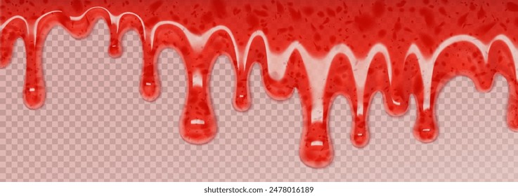 Red liquid substance splash isolated on transparent background. Vector realistic illustration of strawberry jam flowing on dessert cake, melting ice cream, 3d color paint splash, nail polish texture