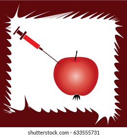 Red liquid in the syringe injected into apple