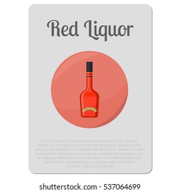Red liquor alcohol. Sticker with bottle and description vector illustration.