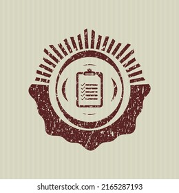Red list icon inside distress rubber seal with grunge texture. 