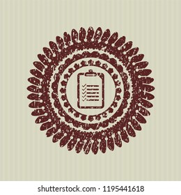 Red list icon inside distressed rubber stamp