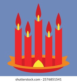 Red Lit Candles in a Tray Against a Simple Blue Background