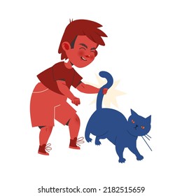Red Little Boy Aggressor Pulling Cat Tail Abusing and Insulting Weak Vector Illustration
