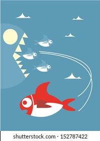 Red little fish swimming away from big fish ,Vector cartoon business