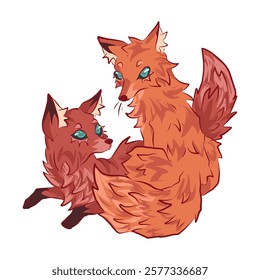 red little foxes are playing. hand drawn vector illustration. cute pattern for postcard design