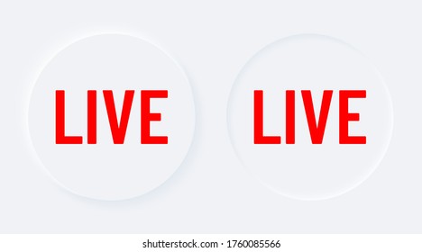 Red live. Bright white gradient circle buttons. Internet symbol broadcasting, online stream on a background. Neumorphic effect streaming icon