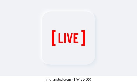 Rojo vivo. Botón cuadrado de gradiente blanco brillante. Transmisión de símbolos de Internet, transmisión en línea de fondo. Icono de streaming de efecto neumórfico