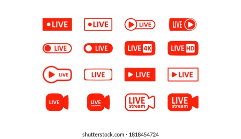 Red Live buttons, stream isolated on white background. Online broadcasting concept, modern digital technologies. Flat icons. Vector illustration 