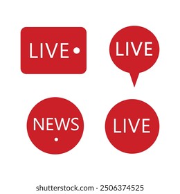 red live news icons in various shapes, simple design for media and broadcasting with text