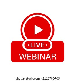 Etiqueta de seminario web en línea de Red Live. Videoconferencia Web. Transmisión en vivo y educación en línea. Video Streaming, Broadcast y Signo de Taller en línea. Ilustración de vectores aislados.