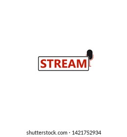 Red live stream icon with mic, on the white background.