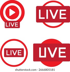 Ícones vermelhos do botão de streaming ao vivo configurados para transmissão online, canal de mídia, conteúdo de vídeo e design de rede social