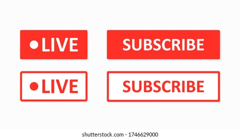 Red Live and subscribe buttons. Rectangular red buttons for the video channel, blog, and stream interface. Web design. Vlog. Channel. Social media network concept. Vector illustration