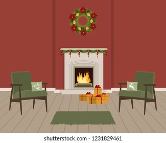 Red living room with fireplace, decorated with Christmas decorations. The room also has green armchairs with pillows, a Christmas wreath and gift boxes. Vector illustration.