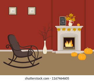 Red living room with fireplace and rocking chair. Autumn decor in the interior. The fireplace is decorated with yellow leaves, berries and pumpkins. There are also pictures on the wall. Vector