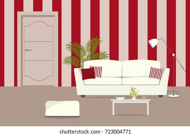 Red living room with a white sofa. There is also a table with flowers, a chair and lamp in the picture. Behind the sofa there is a large room flower. Vector flat illustration.