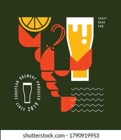 Red lobster or crawfish with glass of beer, craft beer brewery concept, menu pub design, icon, poster, logo template, graphic symbol, vector illustration on color background