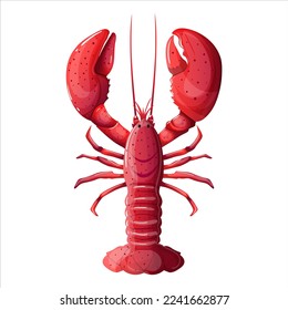 Red lobster with pincers in realistic style isolated on white background. Boiled seafood product design. Ocean crustacean creature cooked at restaurant. Edible sea food top view. Vector illustration