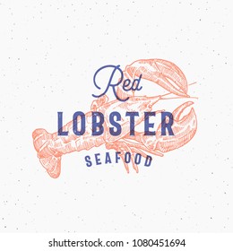 Red Lobster Seafood. Retro Print Effect Card. Abstract Vector Sign, Symbol or Logo Template. Hand Drawn Lobster or Crayfish Sillhouette with Typography. Vintage Emblem or Stamp. Isolated.