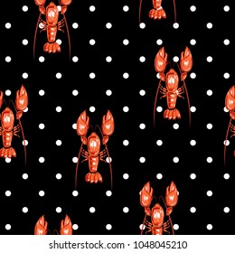 RED Lobster seamless pattern. Drawing  illustration of lobster vector pattern for fashion and all prints on black and white polka dots background.