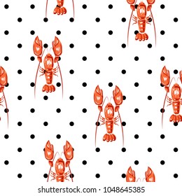 RED Lobster seamless pattern. Drawing  illustration of lobster vector pattern for fashion and all prints on white polka dots background.