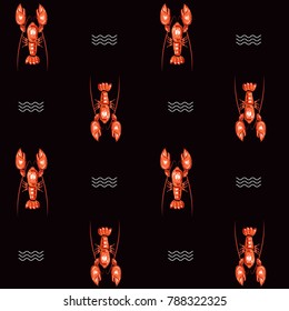 RED Lobster seamless pattern. Drawing  illustration of lobster vector pattern for fashion and all prints on black  background.