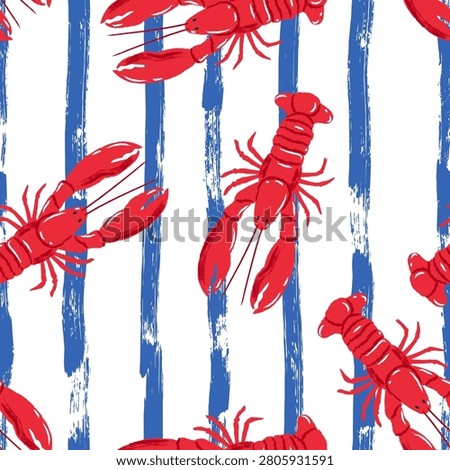 Red lobster seamless pattern on blue striped background. Vector hand drawn watercolor illustration. Marine seafood package background. Wrapping paper, fashion textile print design