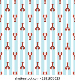 Red lobster seamless print for textile and fabric. Cute marine pattern with crawfish on light-blue striped background