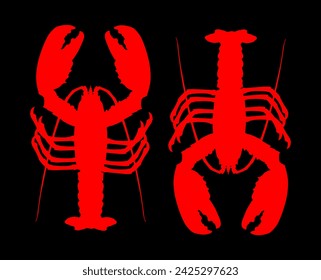 Red lobster vector silhouette illustration isolated on black background. Crayfish or Shellfish shape symbol. Seafood sign for restaurant. Fresh dinner. Healthy sea food shadow.