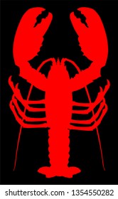 Red lobster vector silhouette isolated on black background. Crayfish or Shellfish symbol. Seafood sign for restaurant. Fresh dinner. 