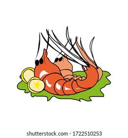 Red lobsters with lemon slices, lettuce leaves, onion, tomatos, sauce. Vector flat illustration