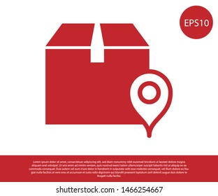 Red Location with cardboard box icon isolated on white background. Delivery services, logistic and transportation, relocation, distribution.  Vector Illustration