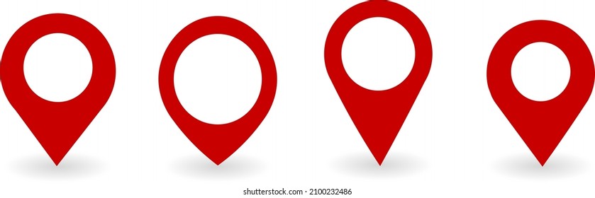 Red location icon, point on the navigator map. Set of flat, signs of different shapes. 3D graphics. Vector illustration.