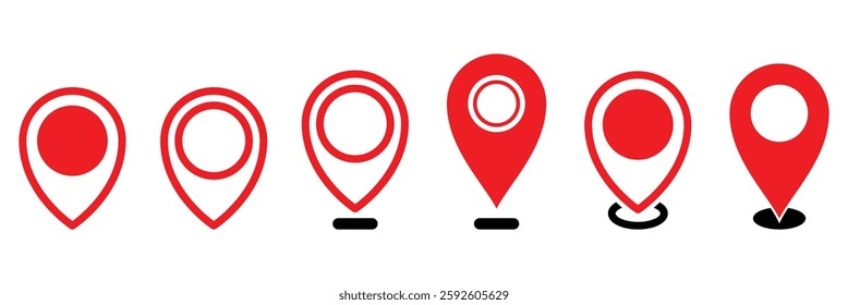 Red location map pin icon on white background. Location icon set. Map pointer pin sign symbol. Red destination icon for place, address, navigation, locator sign vector illustration. EPS 10