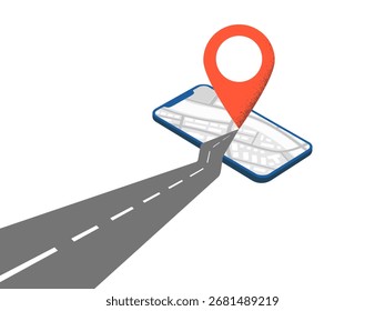 Red location mark in the end of an asphalt road on a map on phone screen. Flat vector illustration isolated on white background
