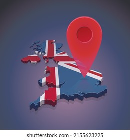 Red location marker placed on the 3D map of the United Kingdom in the colors of the British flag (dark background)