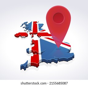 Red location marker placed on the 3D map of the United Kingdom in the colors of the British flag (white background)