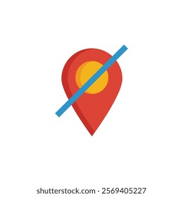 Red location marker symbol marked with blue diagonal line. Suitable for illustrating removing or canceling physical locations or symbols.