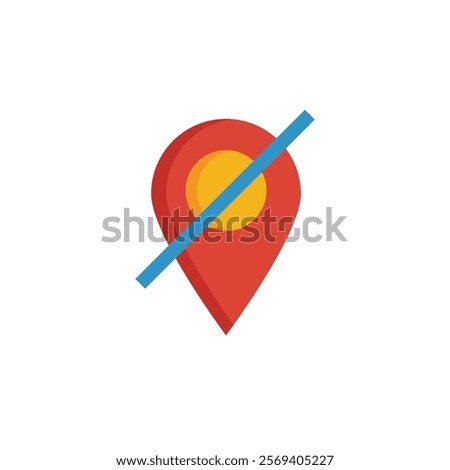 Red location marker symbol marked with blue diagonal line. Suitable for illustrating removing or canceling physical locations or symbols.