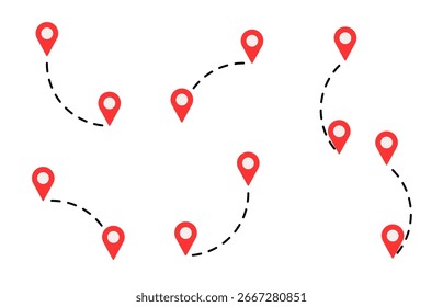 Red location markers connected by dashed lines on a map