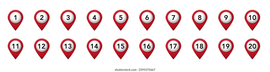 Red location markers numbered one to twenty displayed in a single horizontal row.