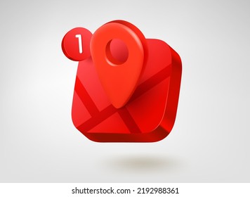 Red location pin button. 3d vector mobile application icon