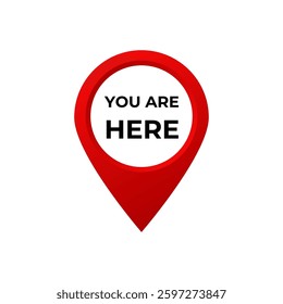 Red location pin displaying the message you are here, symbolizing navigation and spatial awareness.