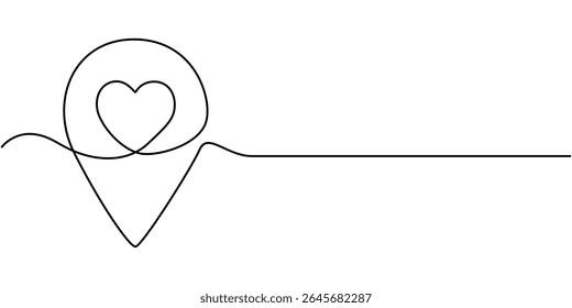 red location pin heart continuous one line drawing, Continuous line drawing of paths and Location markers and love. Simple pin between one point Location Hint and love in Linear style. Gps Navigation