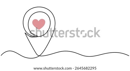 red location pin heart continuous one line drawing, Continuous line drawing of paths and Location markers and love. Simple pin between one point Location Hint and love in Linear style. Gps Navigation